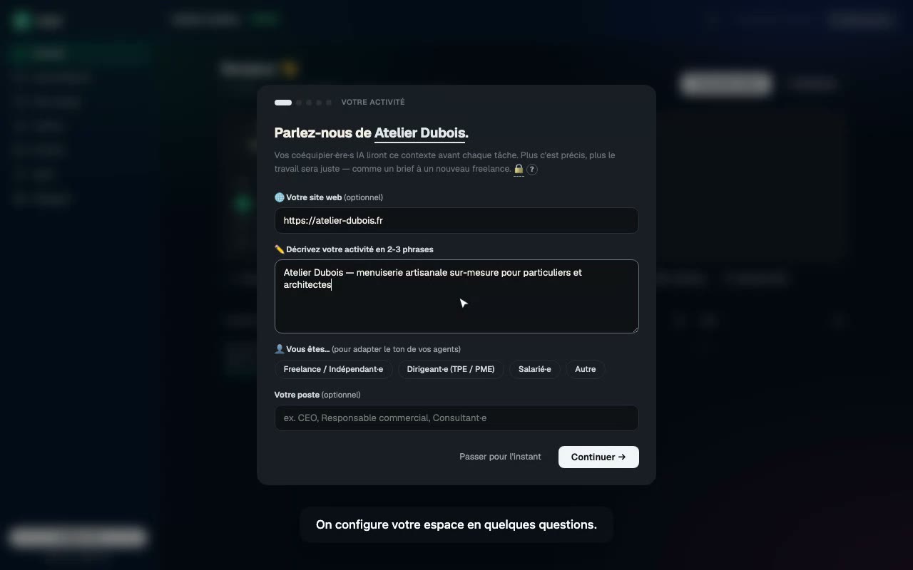 Aperçu de l'interface chyll : onboarding et configuration de l'espace